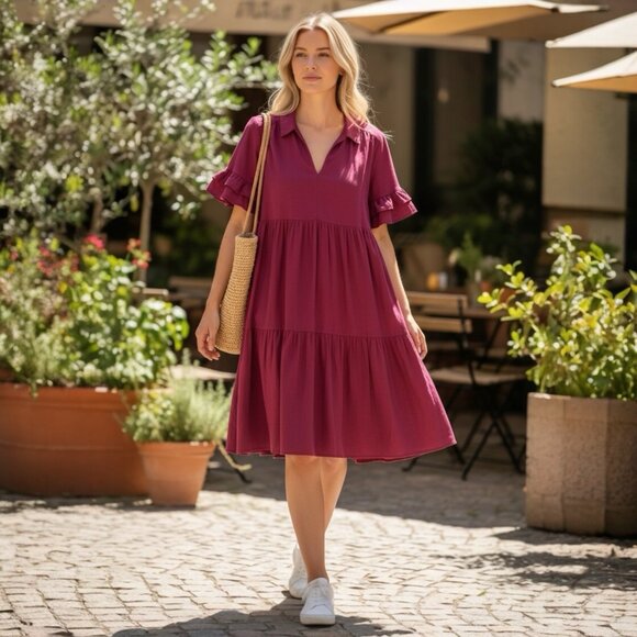 Chico's Dresses & Skirts - Chico's Linen Midi Dress Size 1 (8) Magenta Tiered Long Ruffle V Neck Pockets